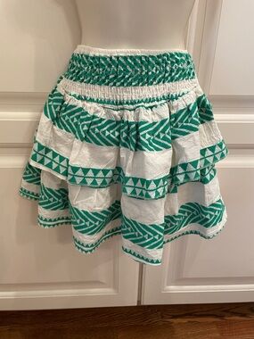 Shop Sofia green tiered mini skirt sz M